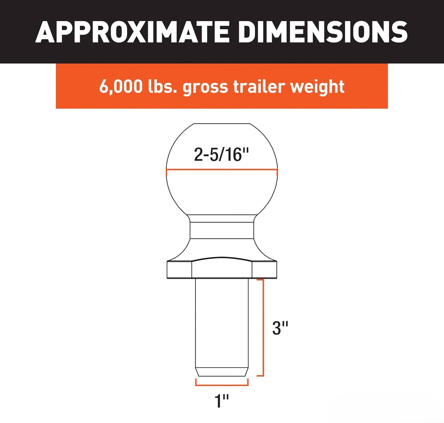 Chrome Trailer Hitch Ball, 6,000 lbs, 2-5/16-Inch Diameter, 1 x 3-Inch Shank
