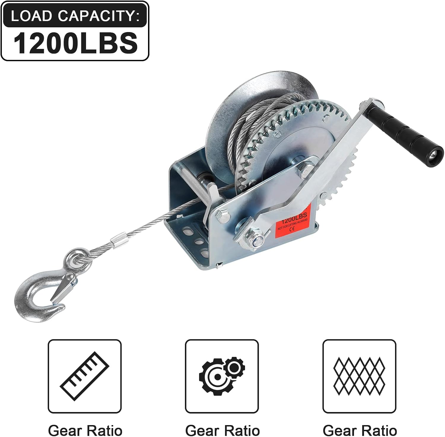 Heavy Duty Hand Winch 1200 lbs with 32 ft Steel Wire Rope, Hand Crank Strap Gear Winch with Steel Wire, for ATVs Boats Trailers Trucks Auto Marine