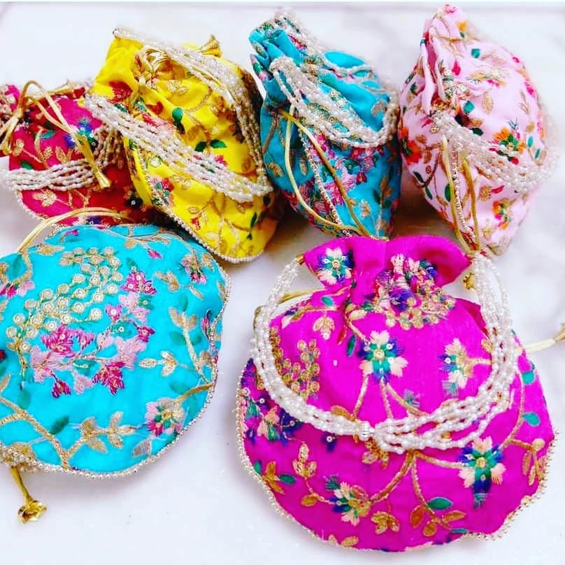 Embroidered Floral Design Potli Bags (Assorted Colours)