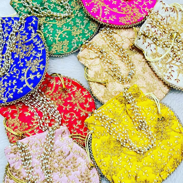 Leaf Design Embroidered Beaded-Handle Potlis