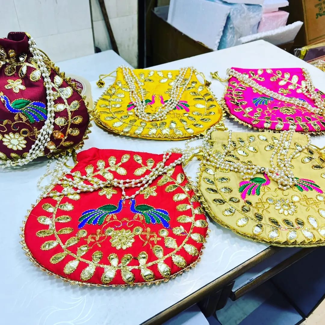 Peacock-Golden Leaf Pattern Embroidered Silk Potli Bags