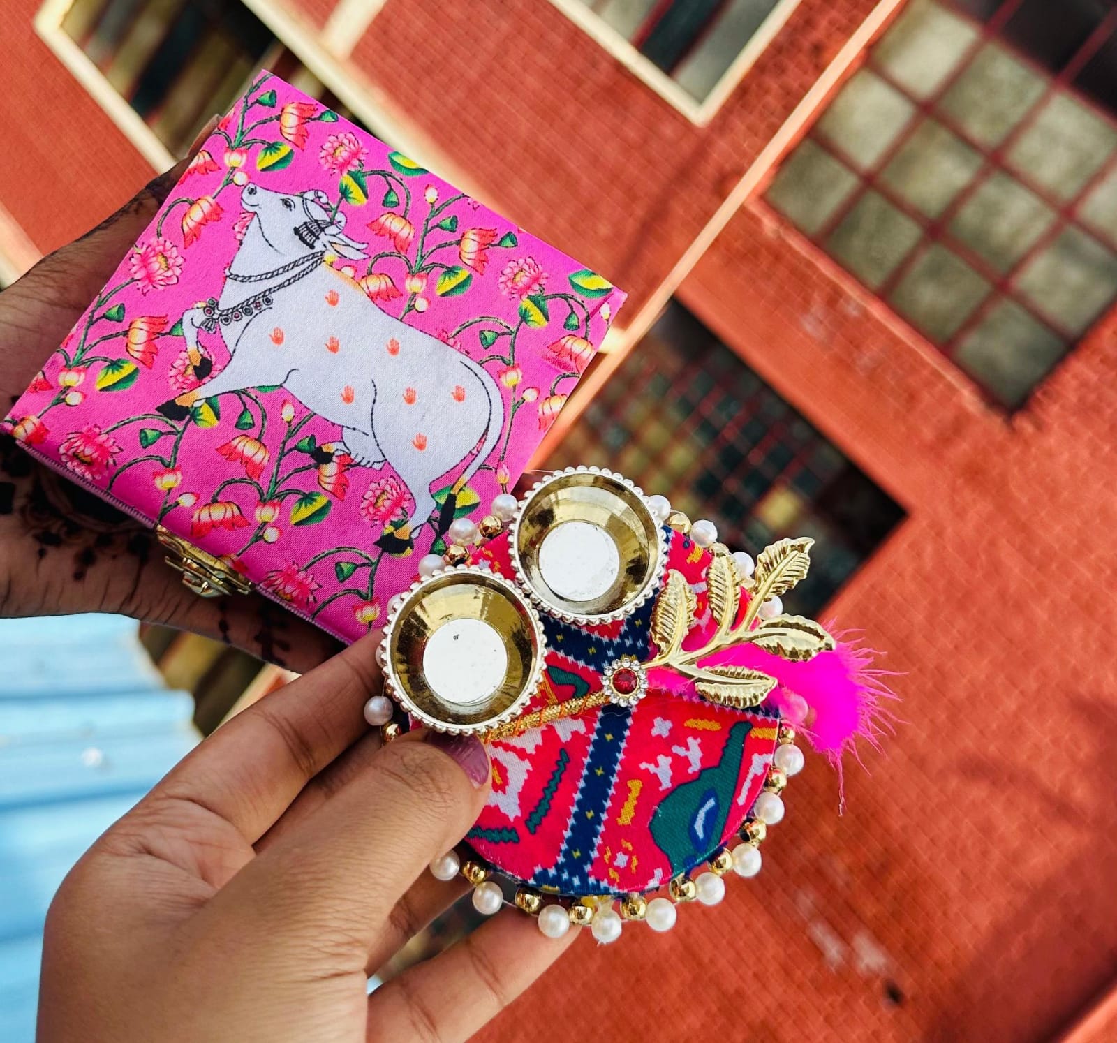 Silk Pichwai Printed Box & Haldi Kumkum Platter Combo