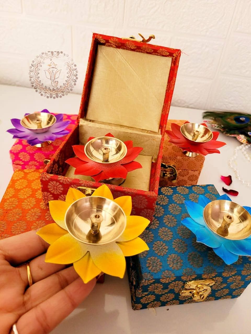 Silk Brocade Box with Lotus Metal Diya Combo