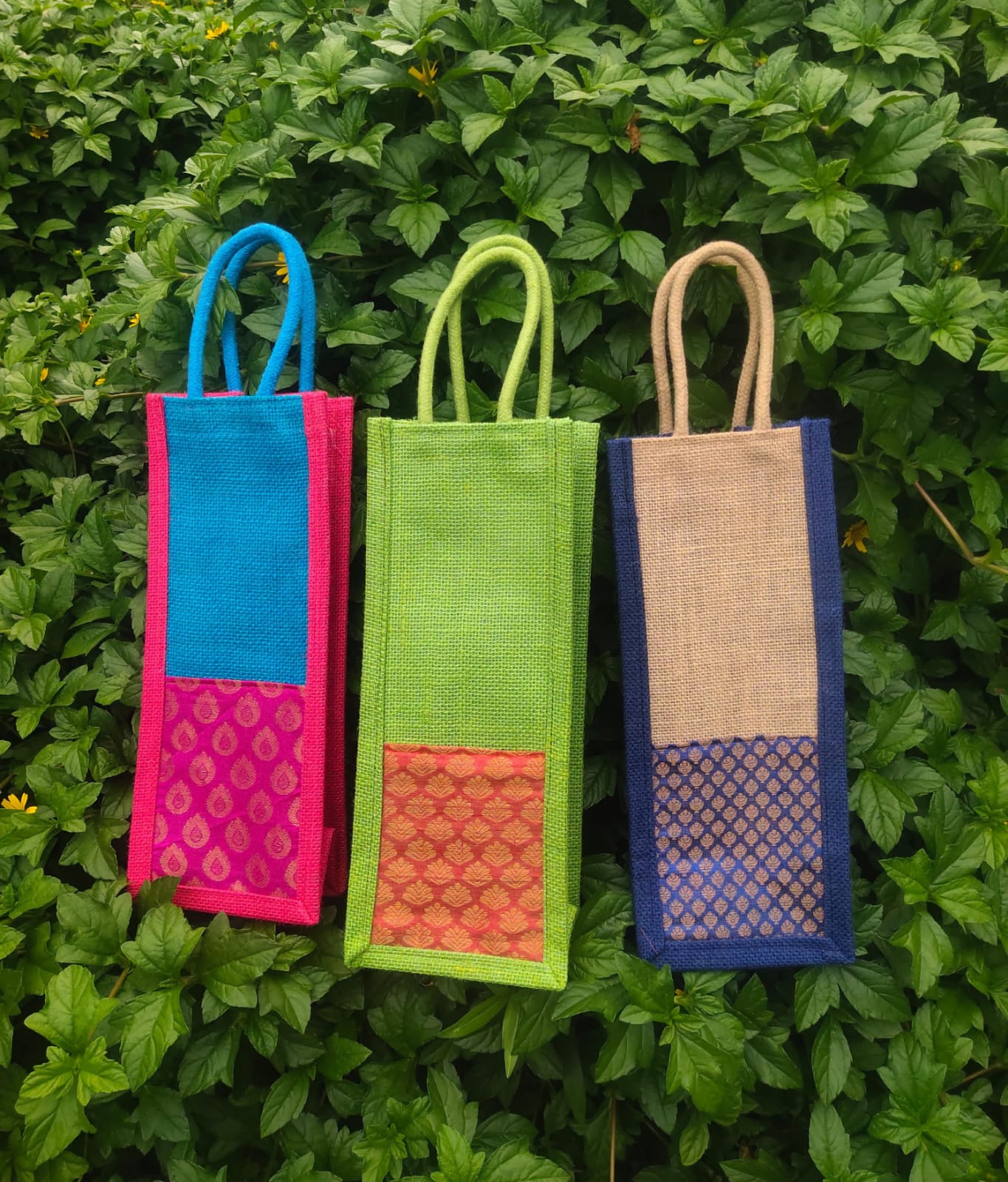 Jute Wine Bags With Silk Brocade Work