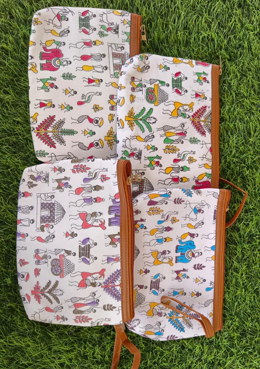Artistic Warli Cotton Zipper Pouches