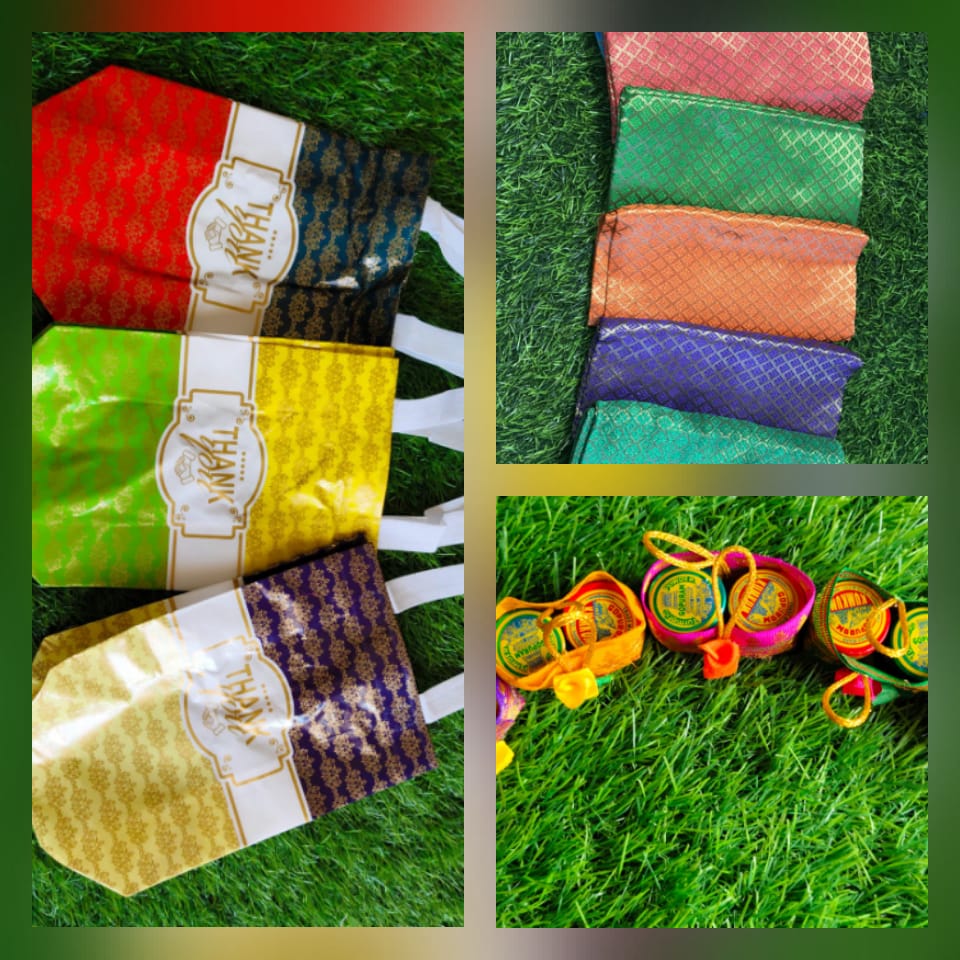 PVC Thank You Bag with Silk Brocade Blouse Piece & Mini Silk Basket Combo