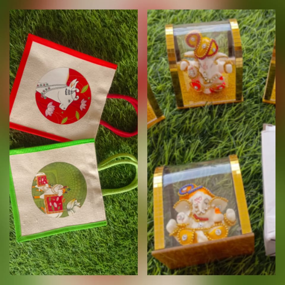 Pichwai Jute Bag with Polymer Ganesh Ji Combo