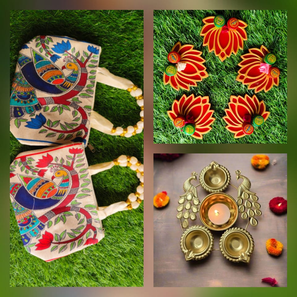 Paithini Zip Bag with Lotus Haldi Kumkum & Peacock Urli Diya Combo
