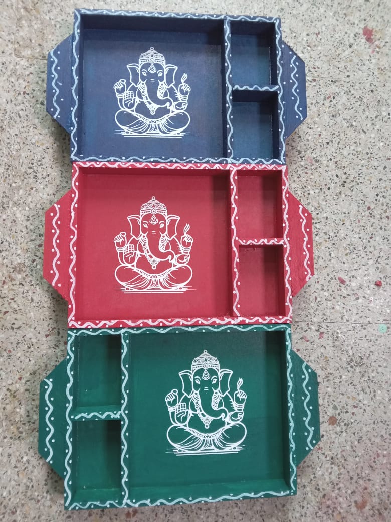 MDF Teakwood Pooja Trays – Ganesh Ji & Durga Ma Designs
