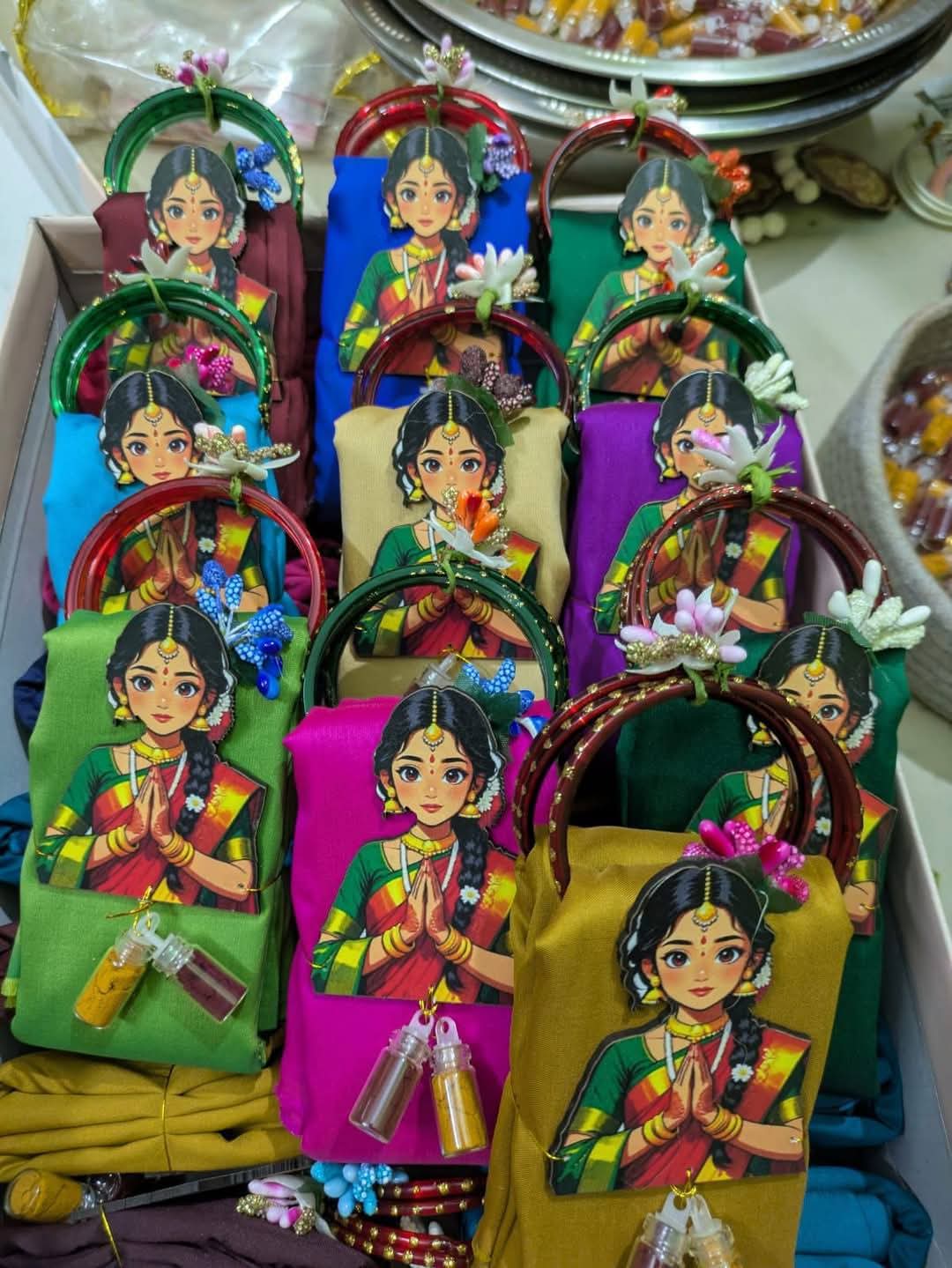 Silk Cotton Blouse Piece with Glass Bangles & Haldi Kumkum Thampoolam