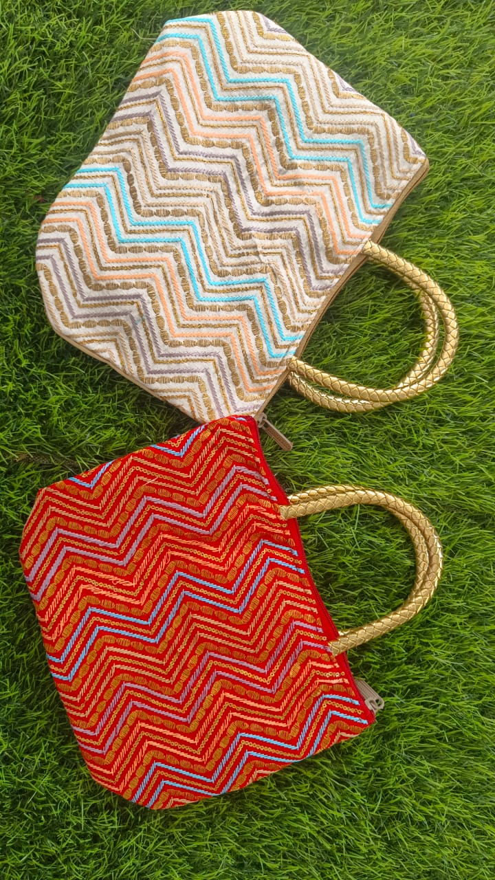 Raw Silk Zig Zag Embroidered Handbags with Golden Handles
