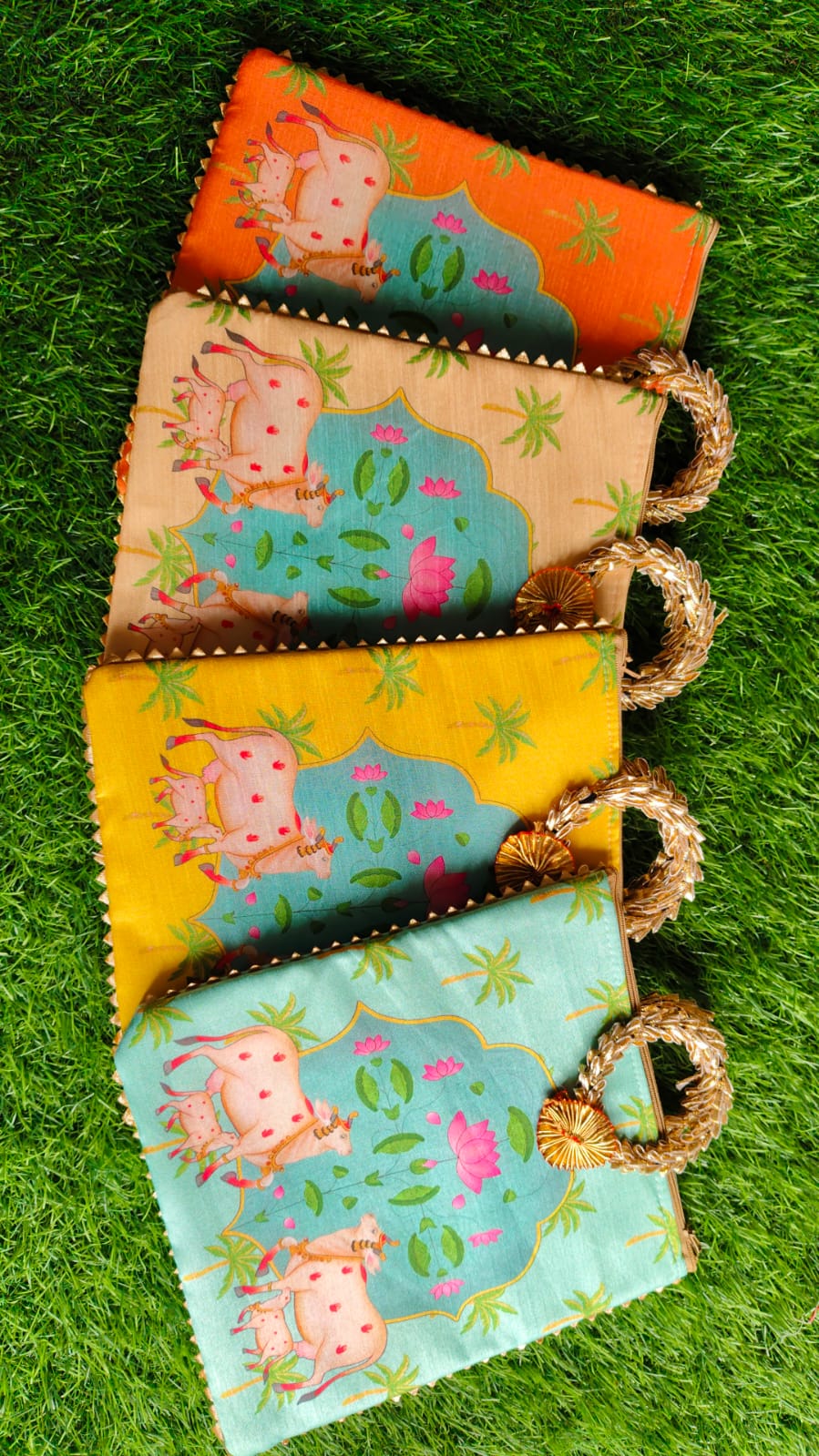 Silk Digital Pichwai Gowmatha Printed Zip Bag with Bangle Handle