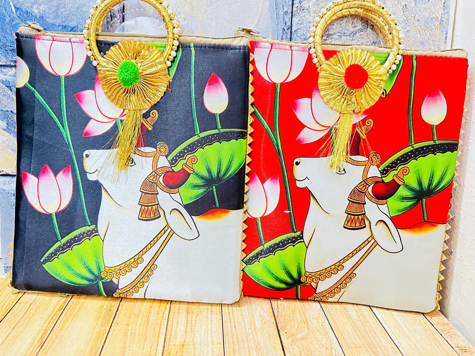 Silk Digital Pichwai Printed Zip Bags with Bangle Handle (Assorted Colors/Prints)