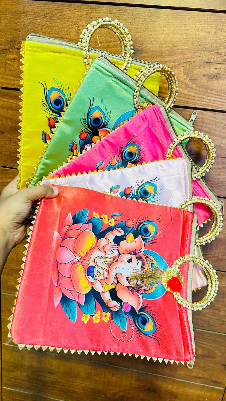 Silk Digital Printed Zip Bags with Ganesh Ji Motif