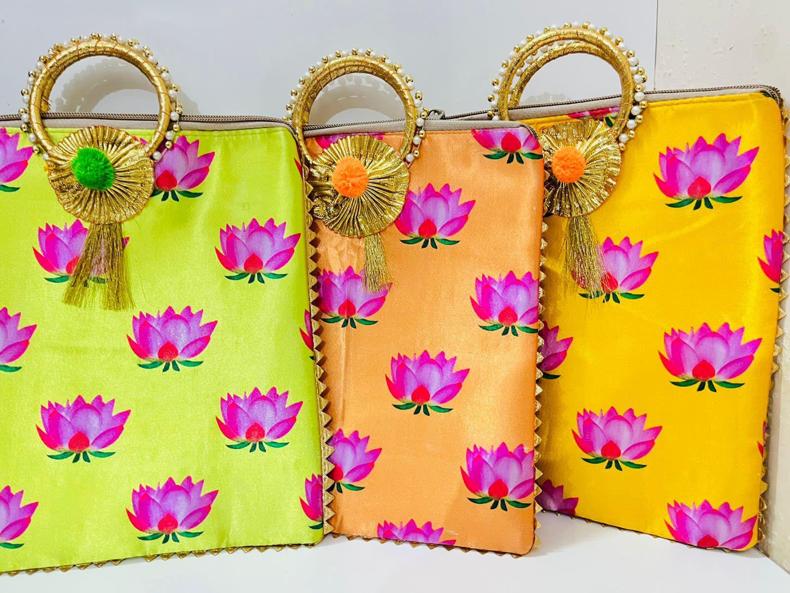 Silk Digital Lotus Printed Zip Bags with Bangle Handle