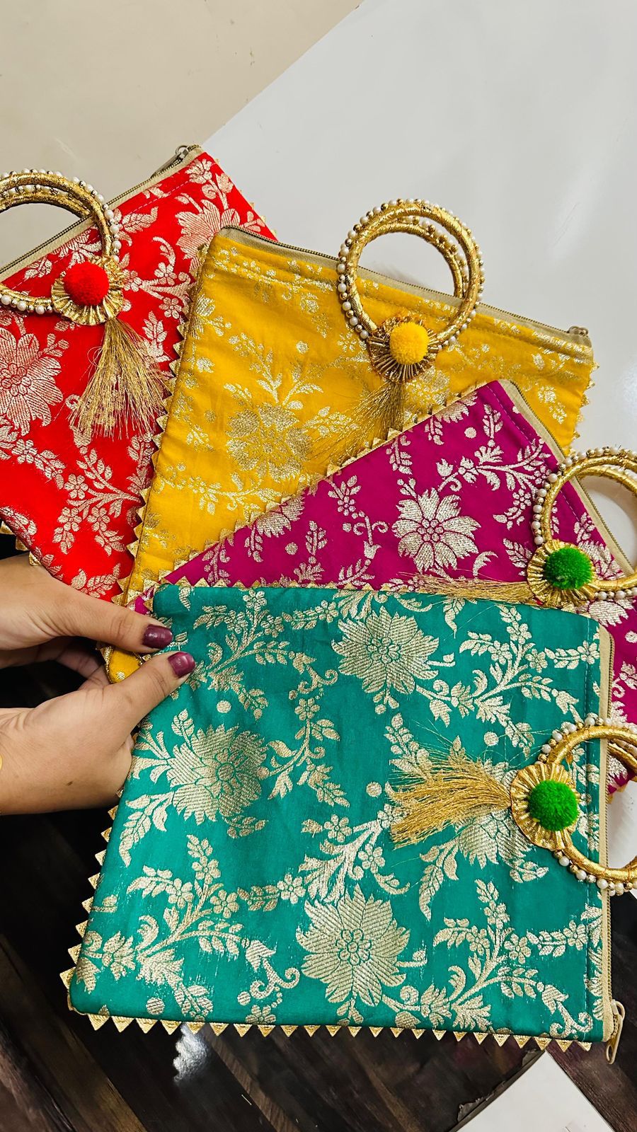 Silk Brocade Zip Bags with Bangle Handle