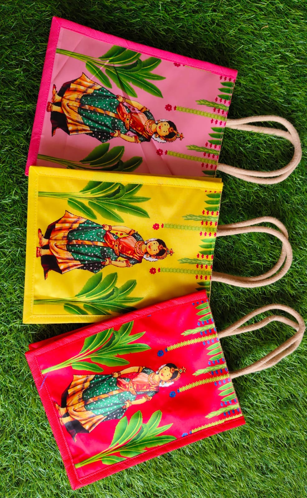 Saree Ceremony Themed Jute Bag with Digital Printed Design (Assorted Colours/Prints)