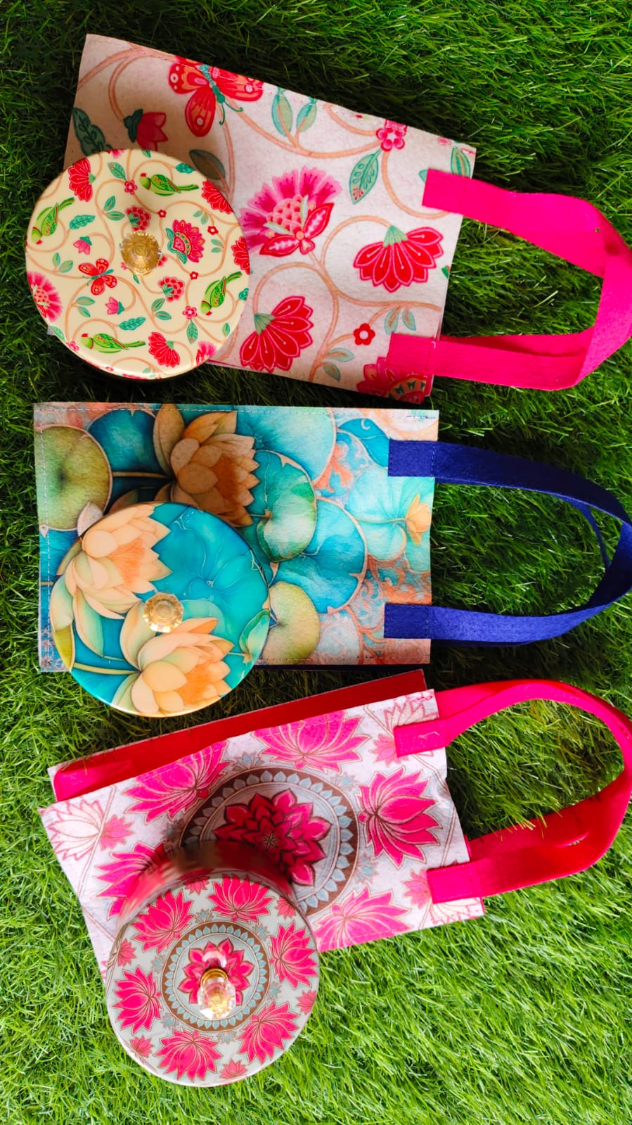 Digital Printed Felt Bags and Matching Digital Printed Metal Boxes Combo (Assorted Colors/Prints)