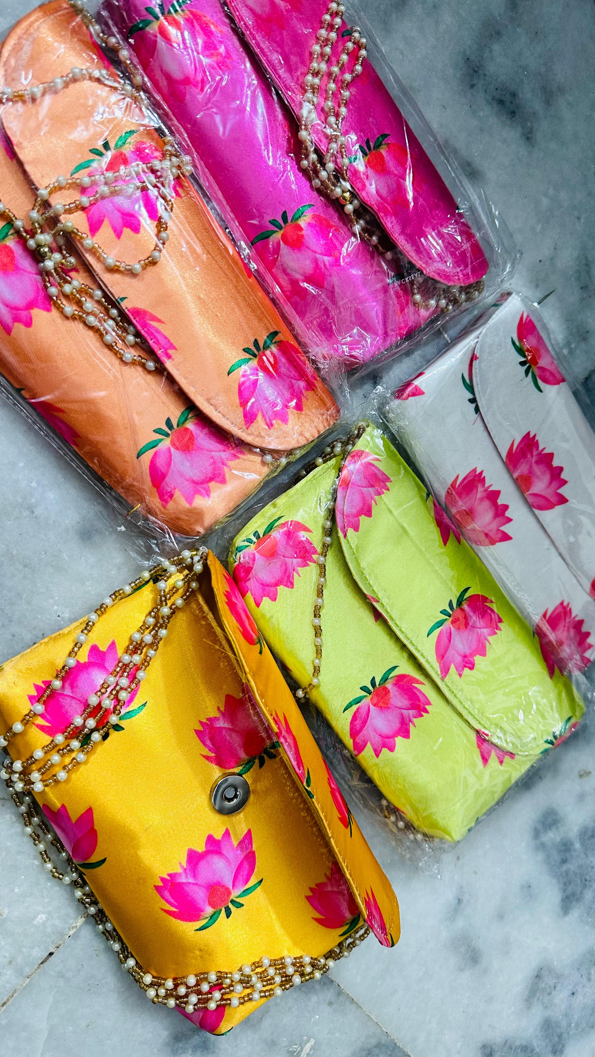 Colorful Lotus Design Purses With Beaded Strap (Assorted Colors)