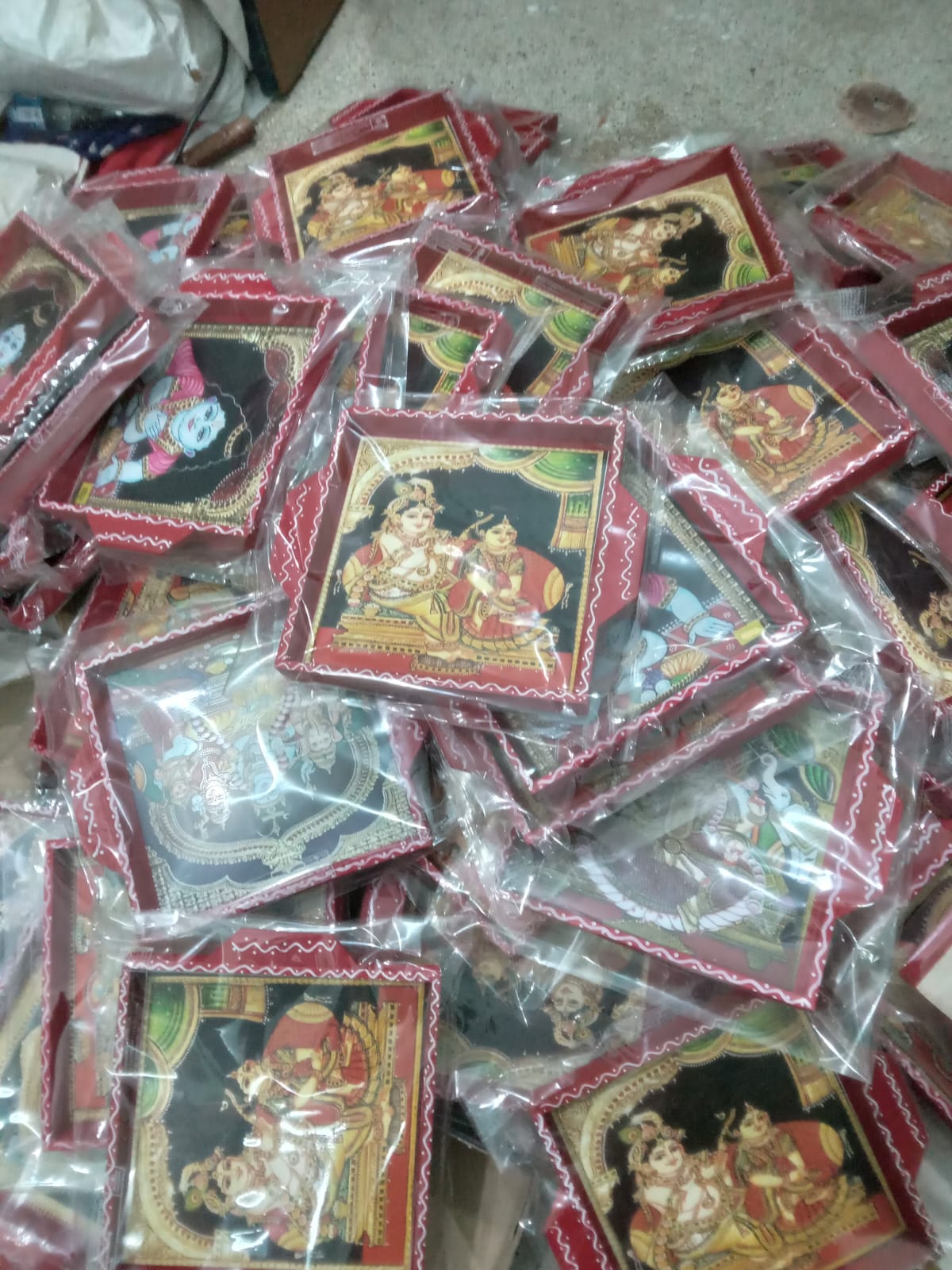 MDF Teakwood Trays With Tanjore Style Painting Designs (Assorted Colors/Designs)