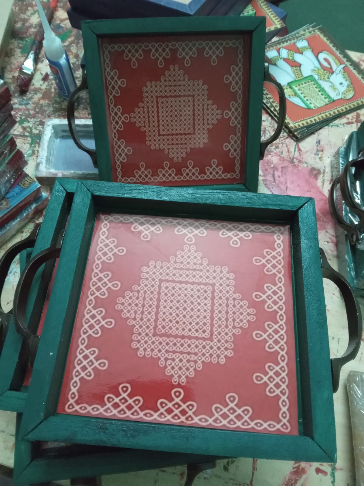 MDF Teakwood Slim Trays with Metal Handles