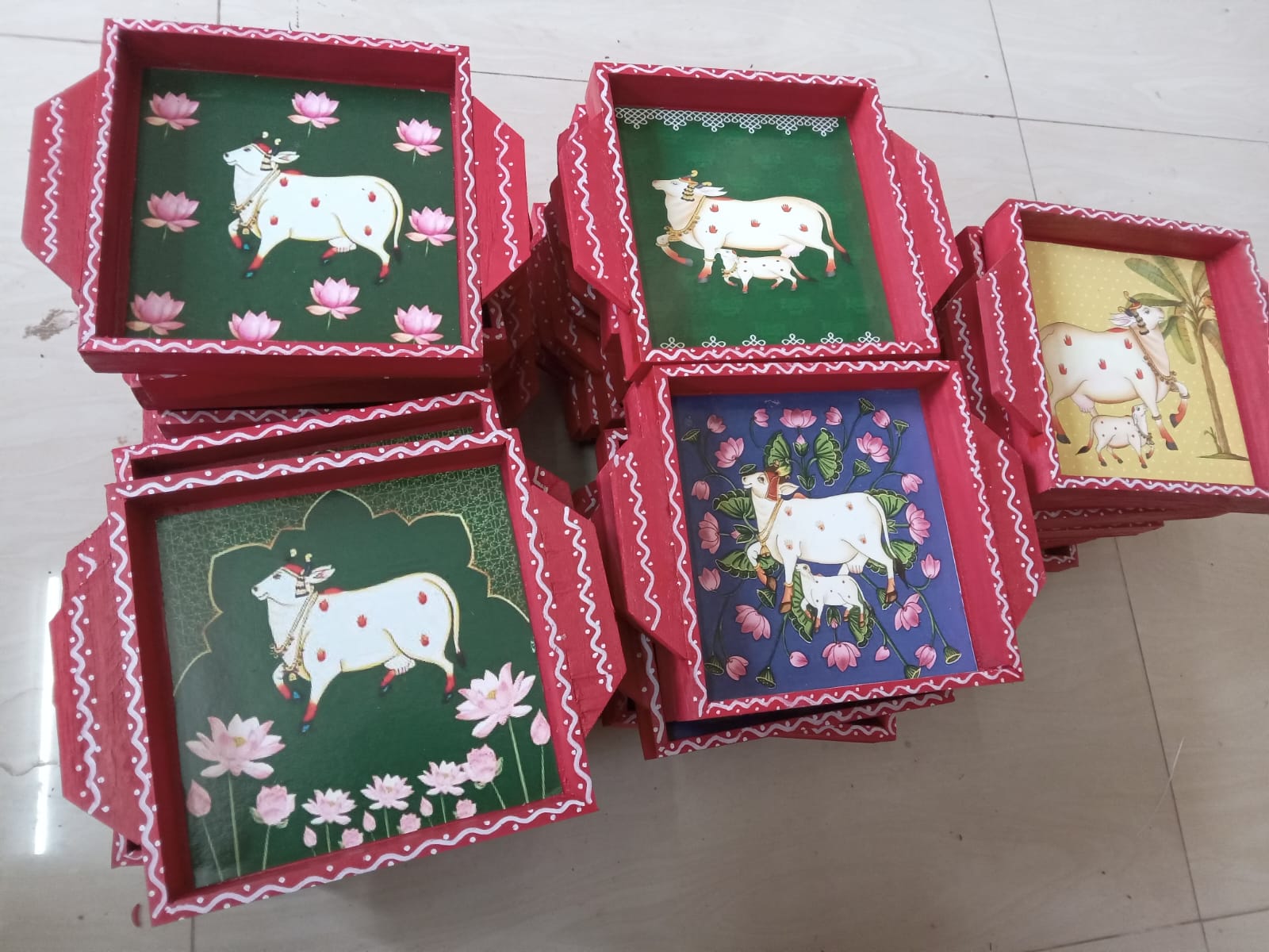 Pichwai-Themed MDF Teakwood Trays (Assorted Designs)