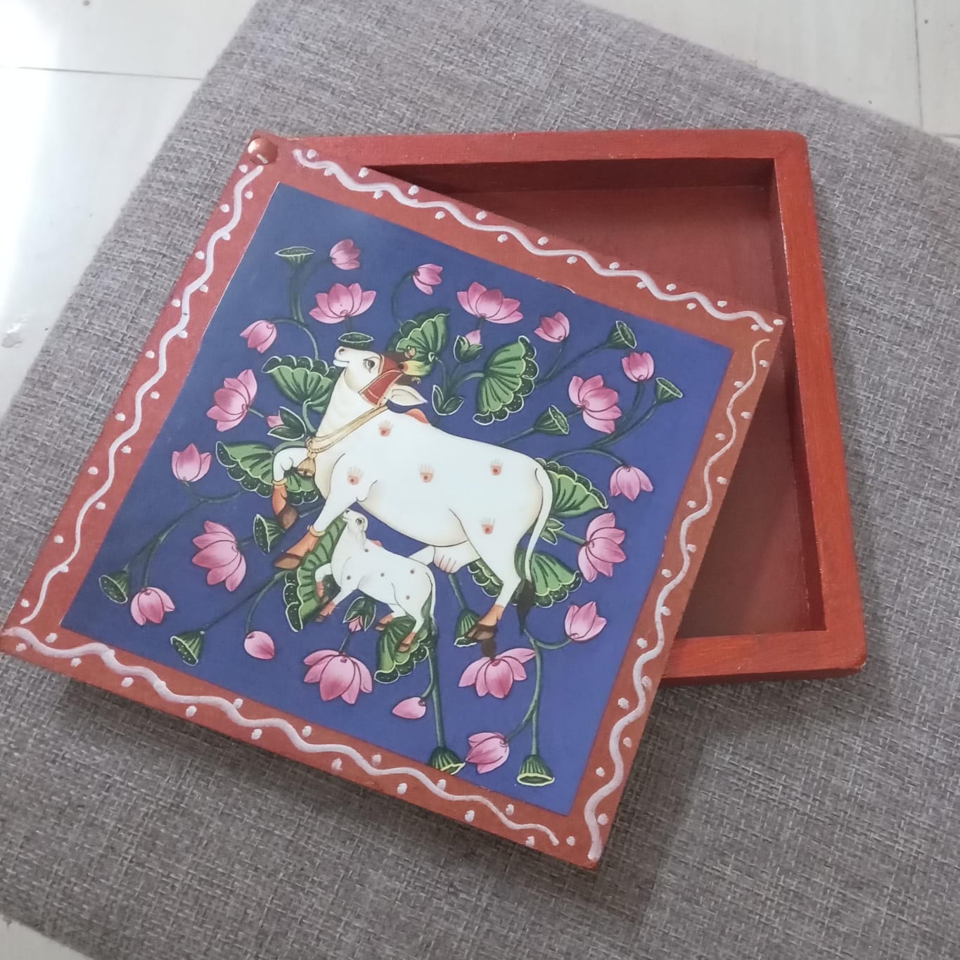 Pichwai-Themed MDF Teakwood Sliding Boxes (Assorted Designs)