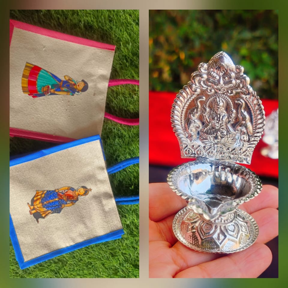 Puberty Ceremony Gift Combo – Canvas Bag with German Silver Lakshmi Diya