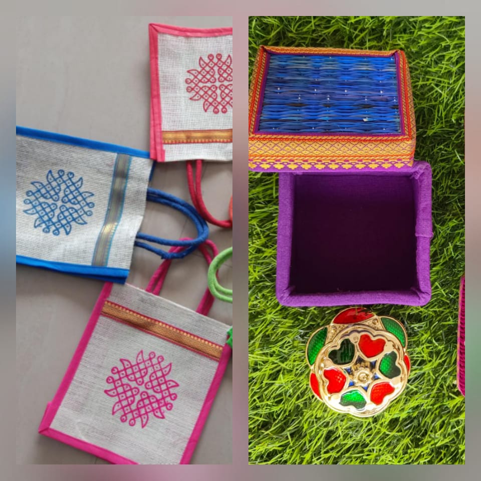 Festive Combo Set – Rangoli Jute Bag, Kora Bangle Box & Fiber Kumkum Box