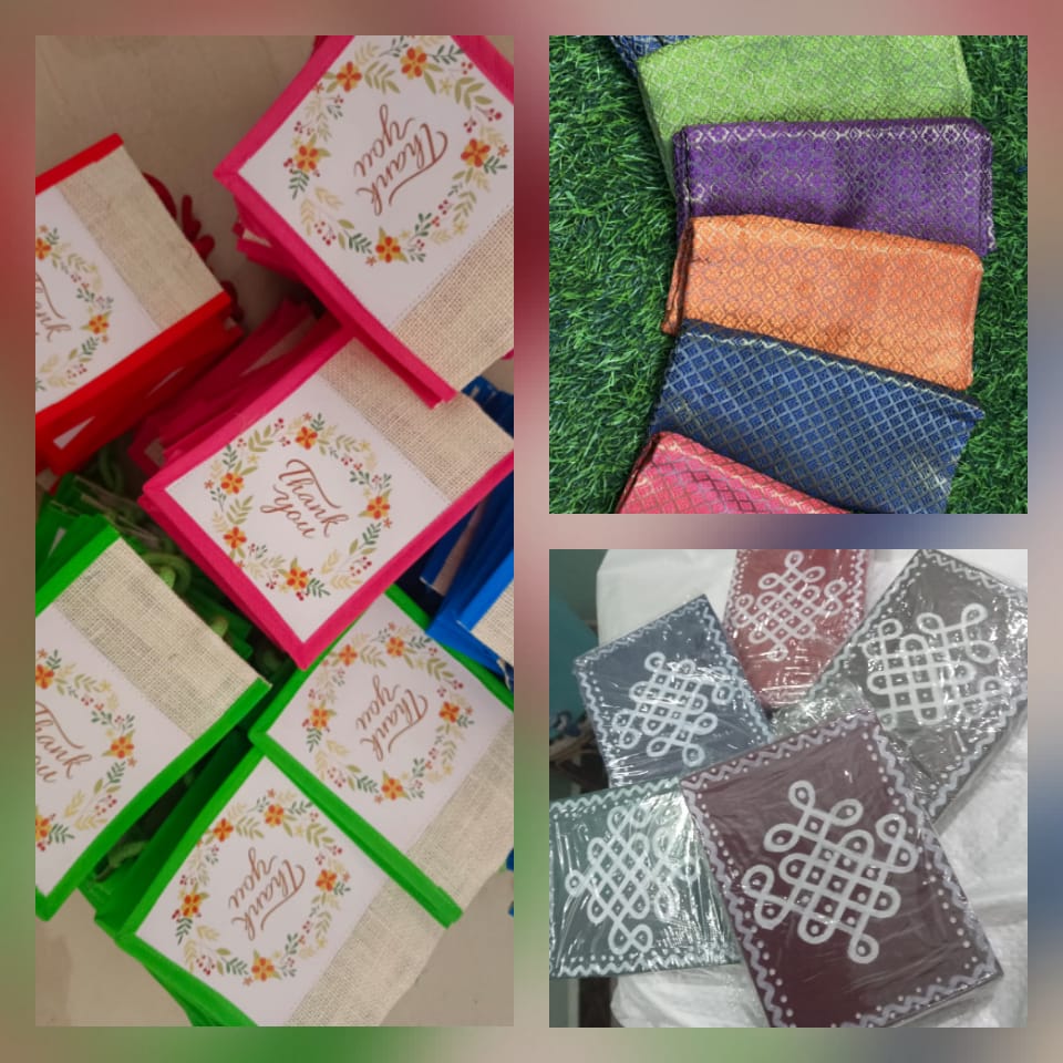 Thank You Jute Bag, Silk Brocade Blouse Piece & MDF Pooja Stand Combo