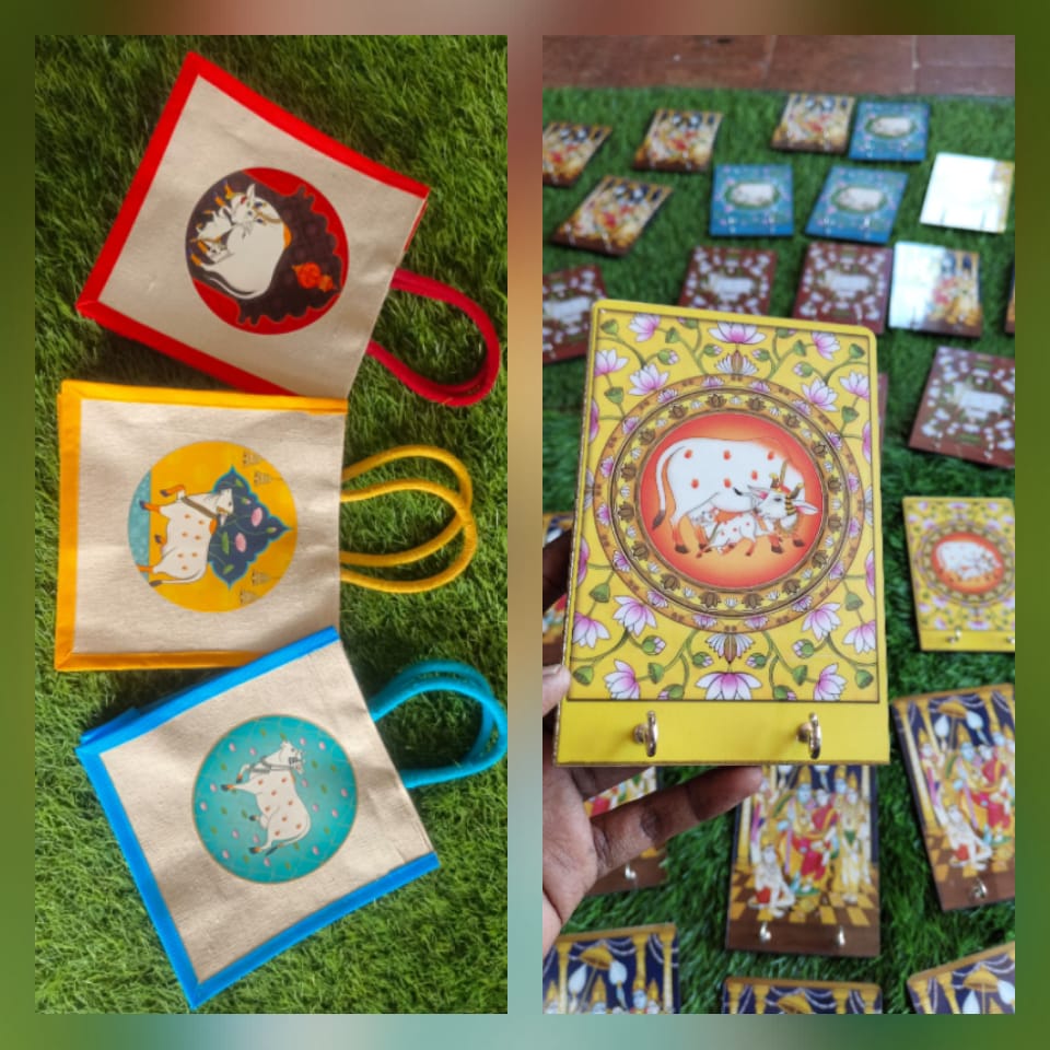 Pichwai-Themed Gift Combo – Jute Bag & MDF Wooden Key Holder