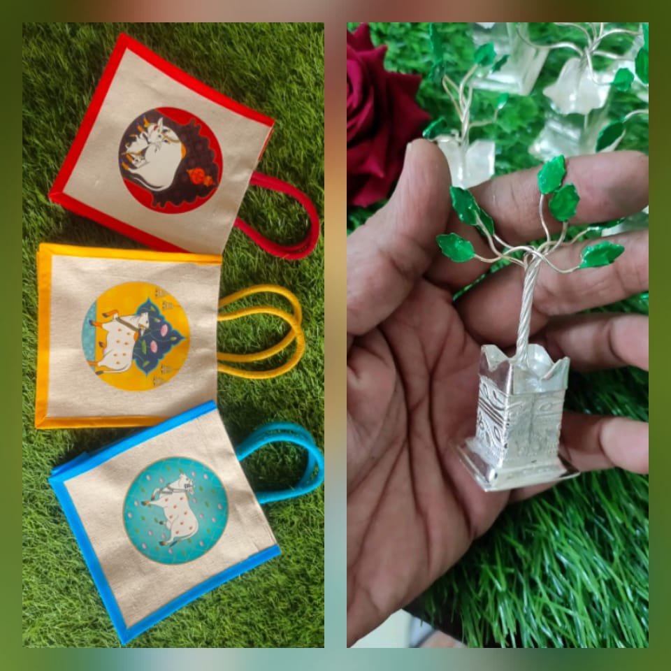 Pichwai Jute Bag with German Silver Tulsi Gift Combo (Assorted Designs)