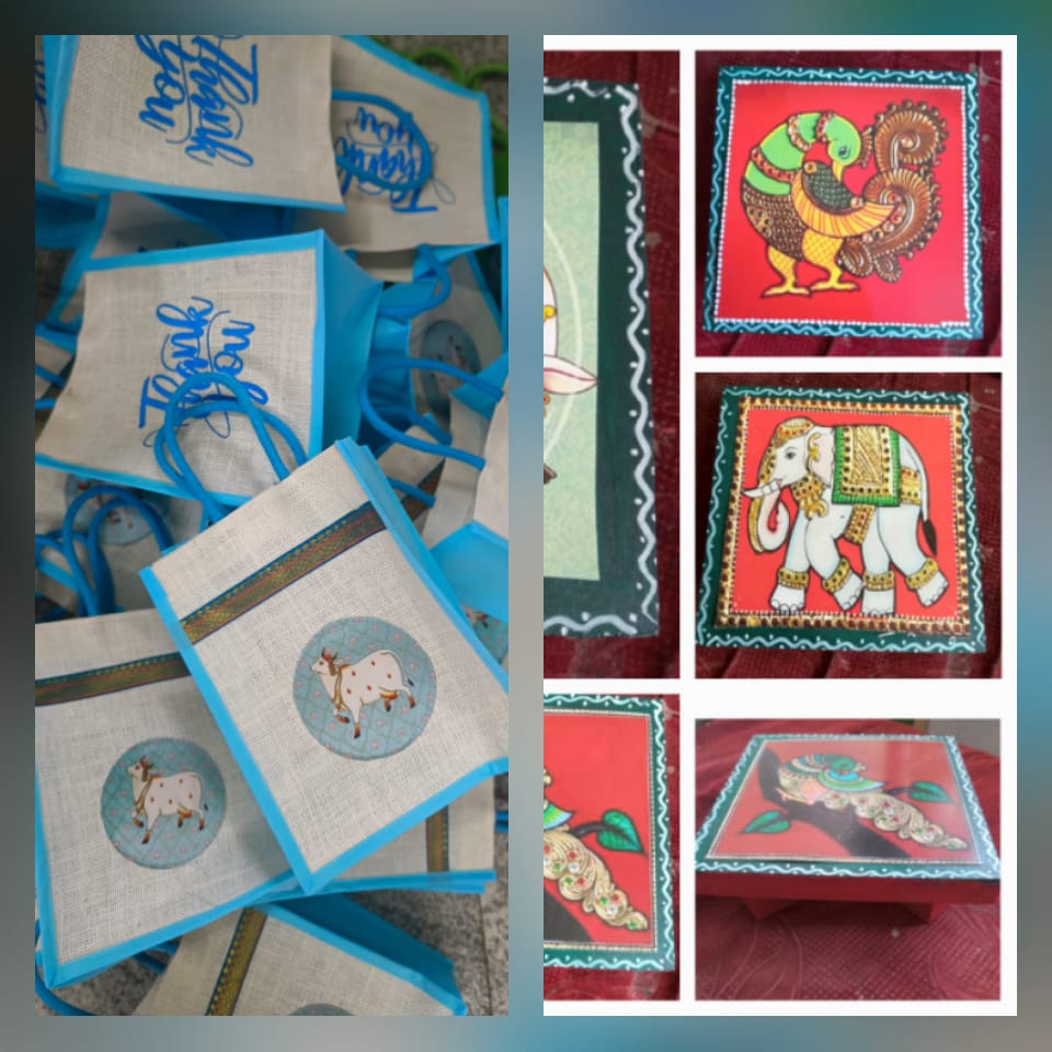 'Thank You' Pichwai Jute Bag with MDF Wooden Pooja Stand (Assorted Designs)