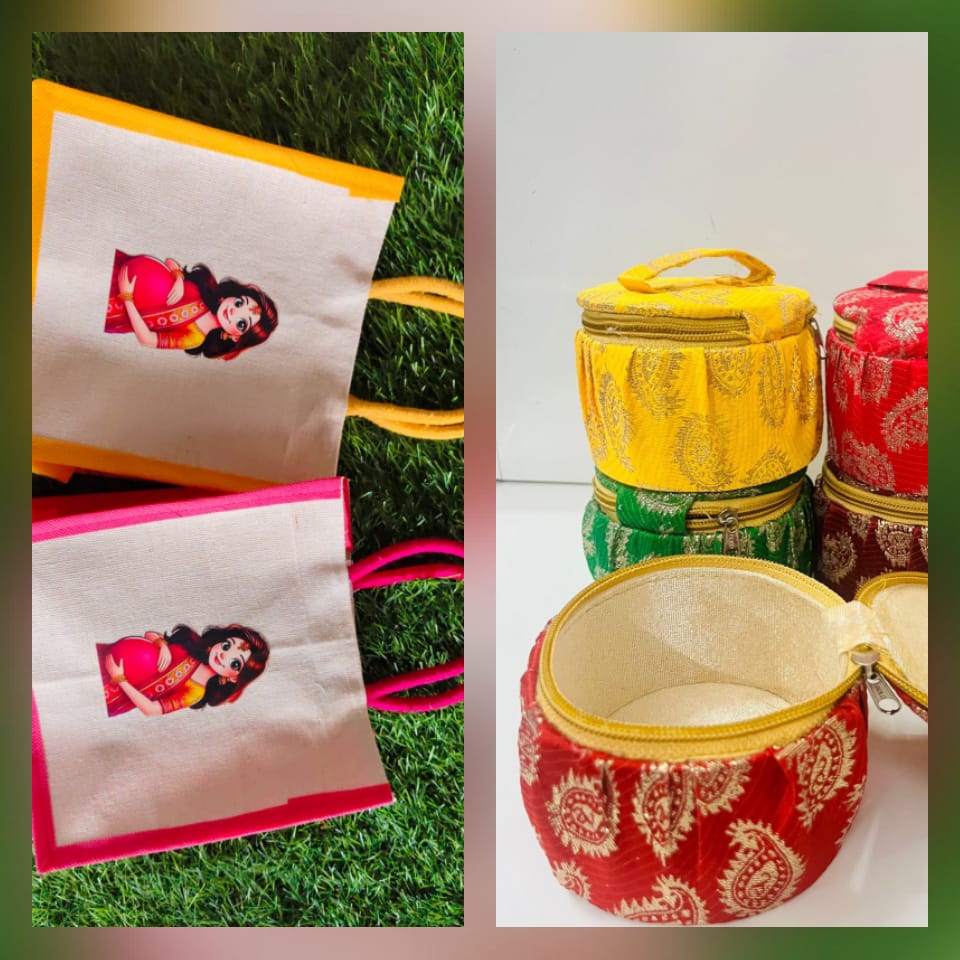 Baby Shower Gift Combo – Canvas Bag with Silk Brocade Bangle Box