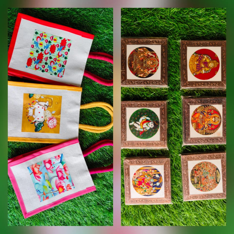 Pichwai-Themed Canvas Bag & Rose Gold Key Holder Gift Combo