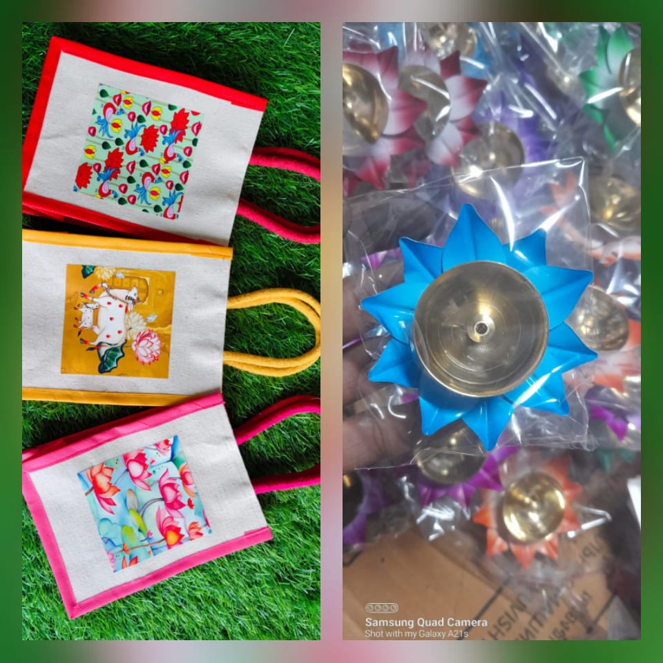Pichwai-Themed Jute Bag & Metal Lotus Diya Combo