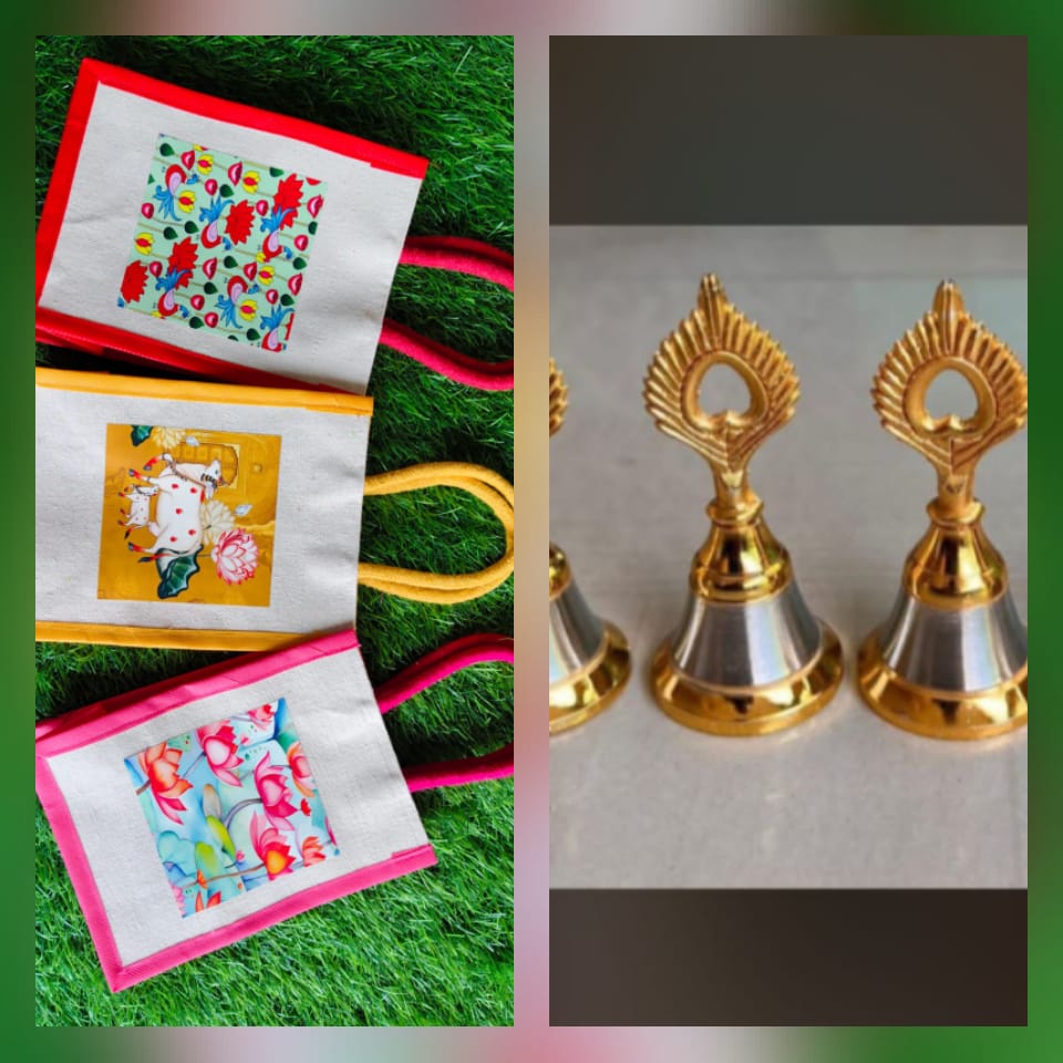 Pichwai Jute Bag & Pooja Bell Gift Combo