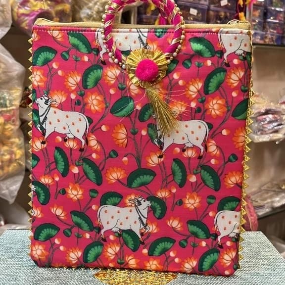 Silk Zip Bags with Bangle Handle - Pichwai Prints