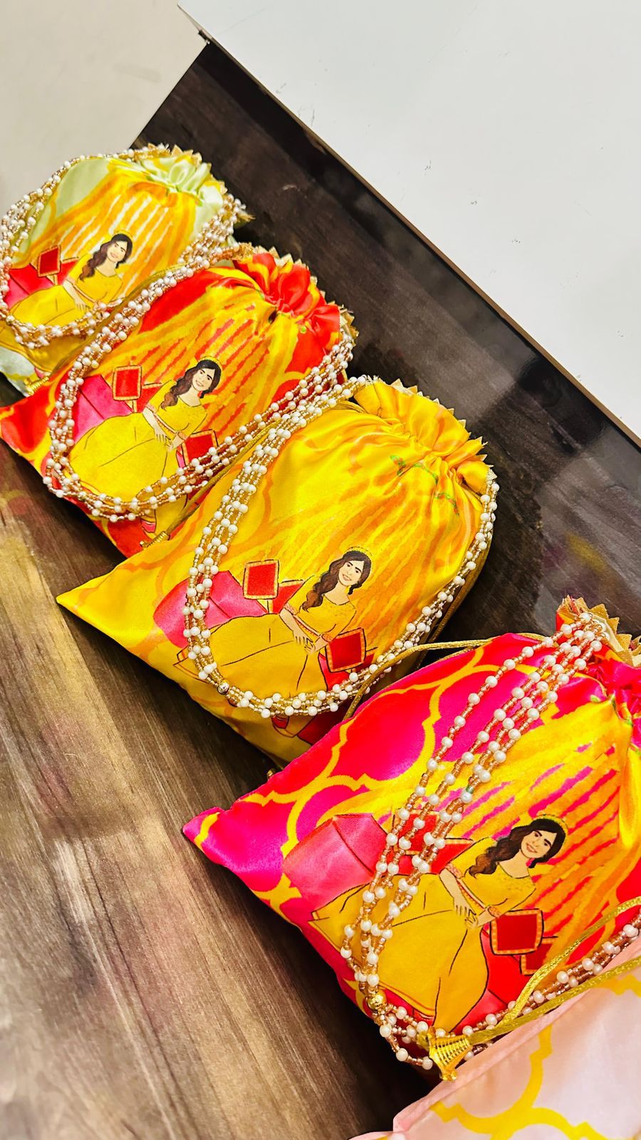 Potli Bags with Pearly Chain Handle - Traditional Woman Print