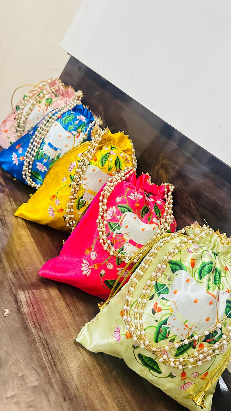 Potli Bags with Pearly Chain Handle - Pichwai Print (Assorted Colors)
