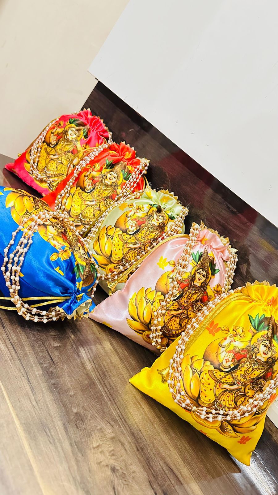 Potli Bags With Pearly Chain Handle - Goddess Lakshmi Print