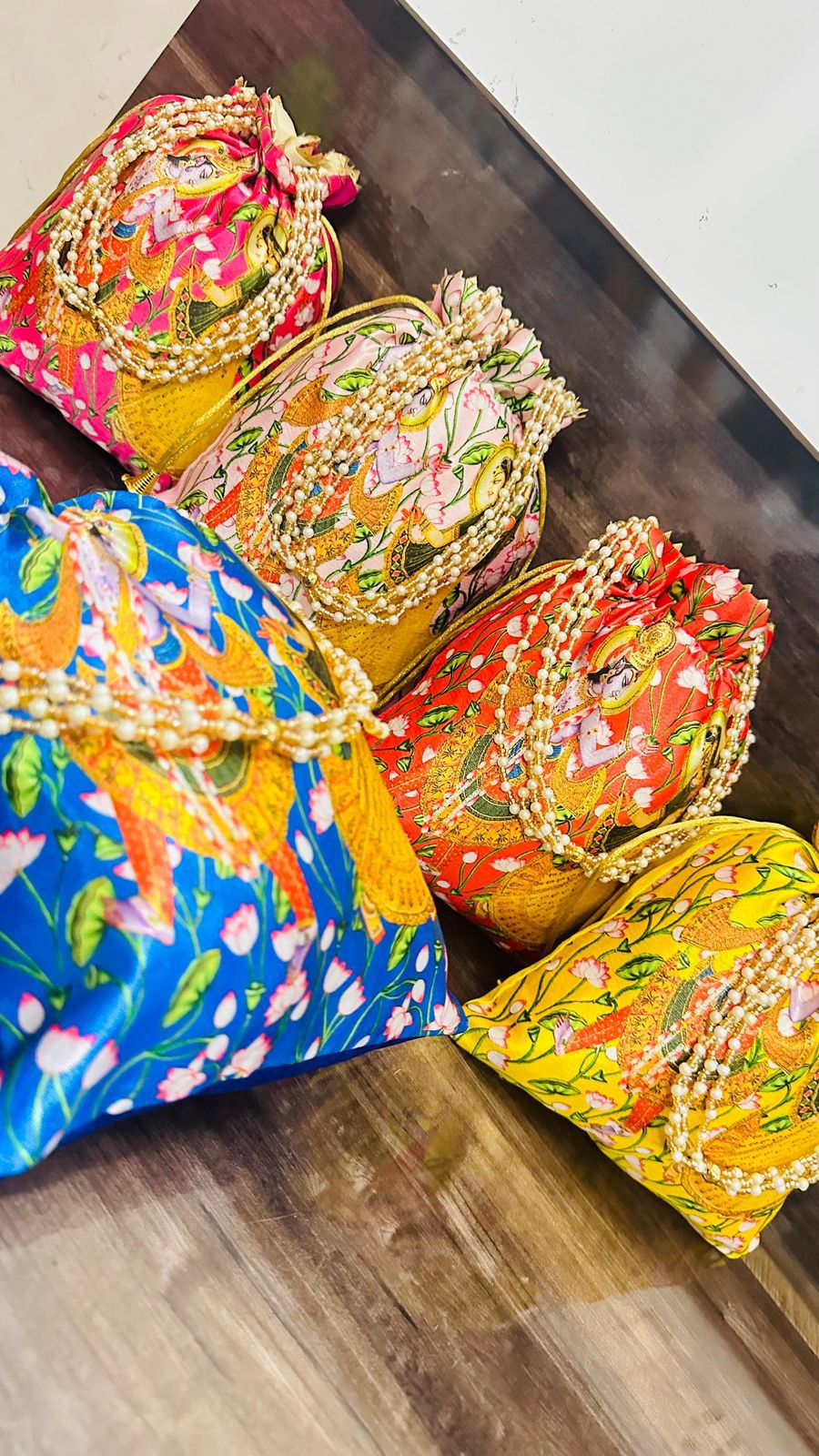 Potli Bags with Pearly Chain Handle - Radha-Krishna Print