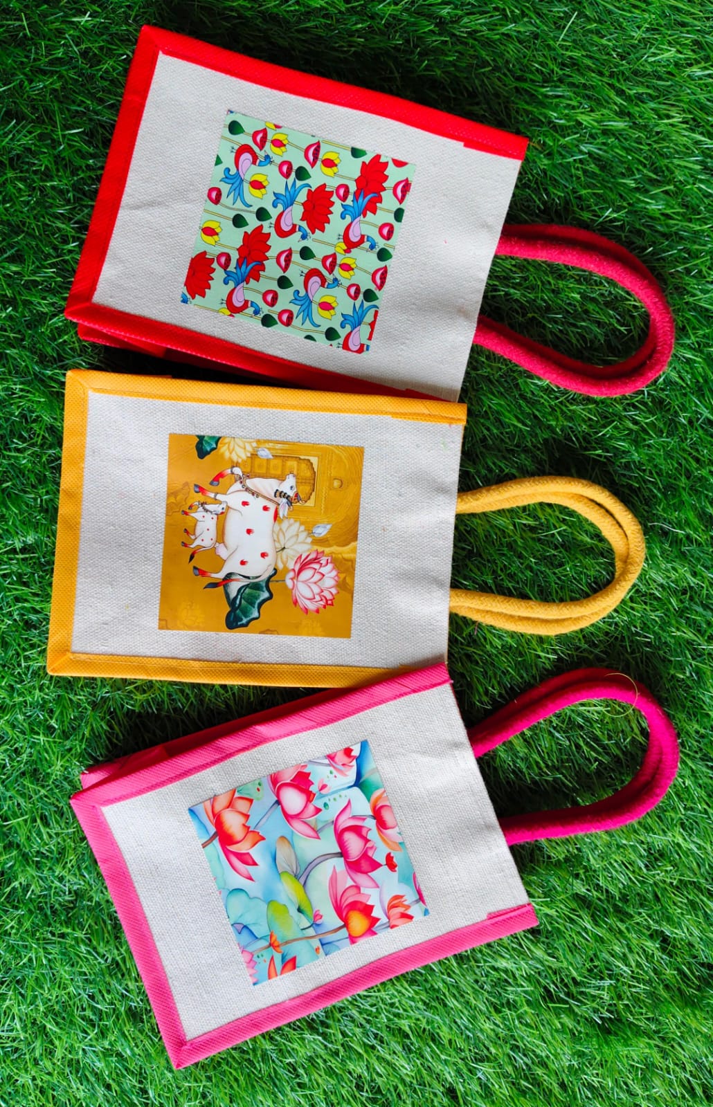 Jute Bags - Pichwai/Lotus Themed Jute Bags (Assorted Colors and Designs)