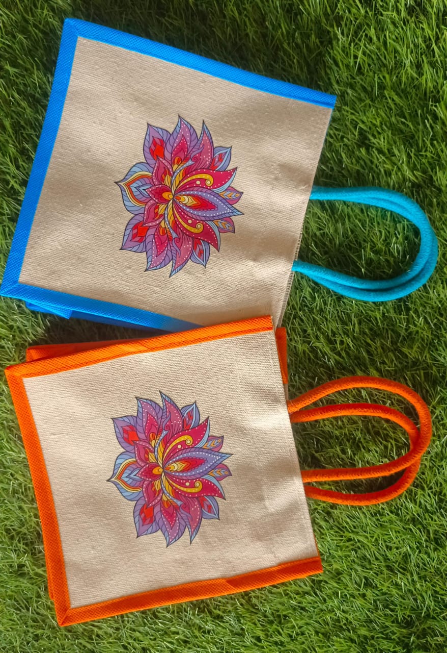 Colorful Floral Print Jute Bags