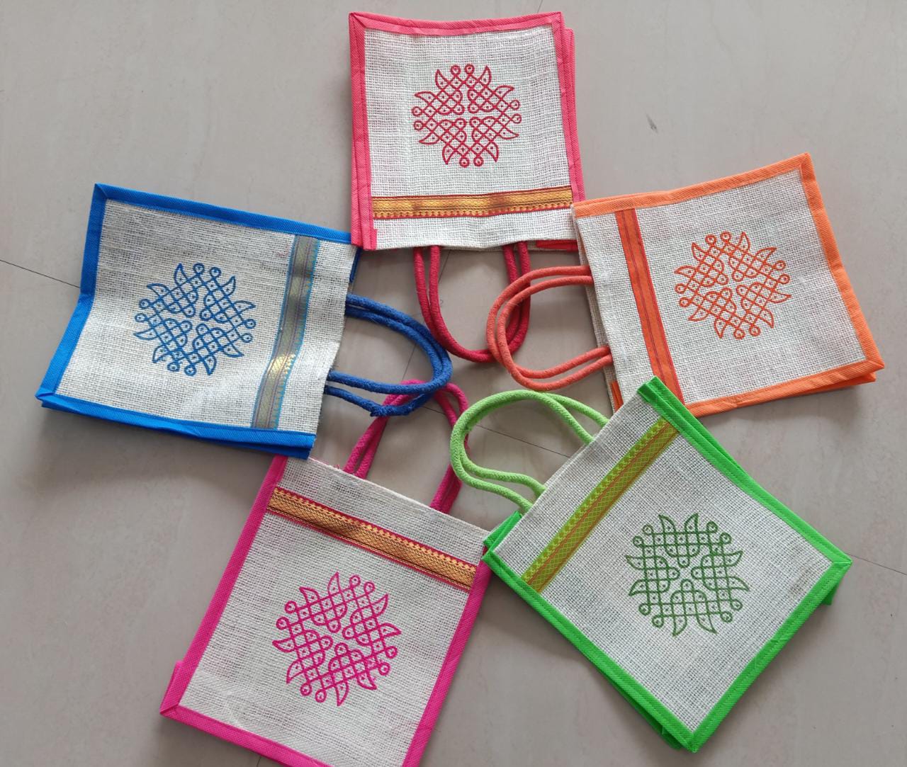 Rangoli + Silk Strip Jute Bags (Assorted Colors)