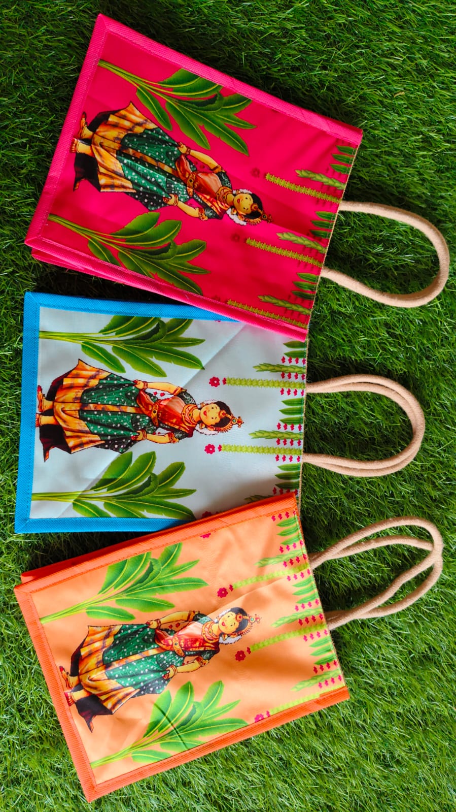 Saree Ceremony Themed Jute Bag (Assorted Colours/Prints) (8 x 8 x 6 inches)