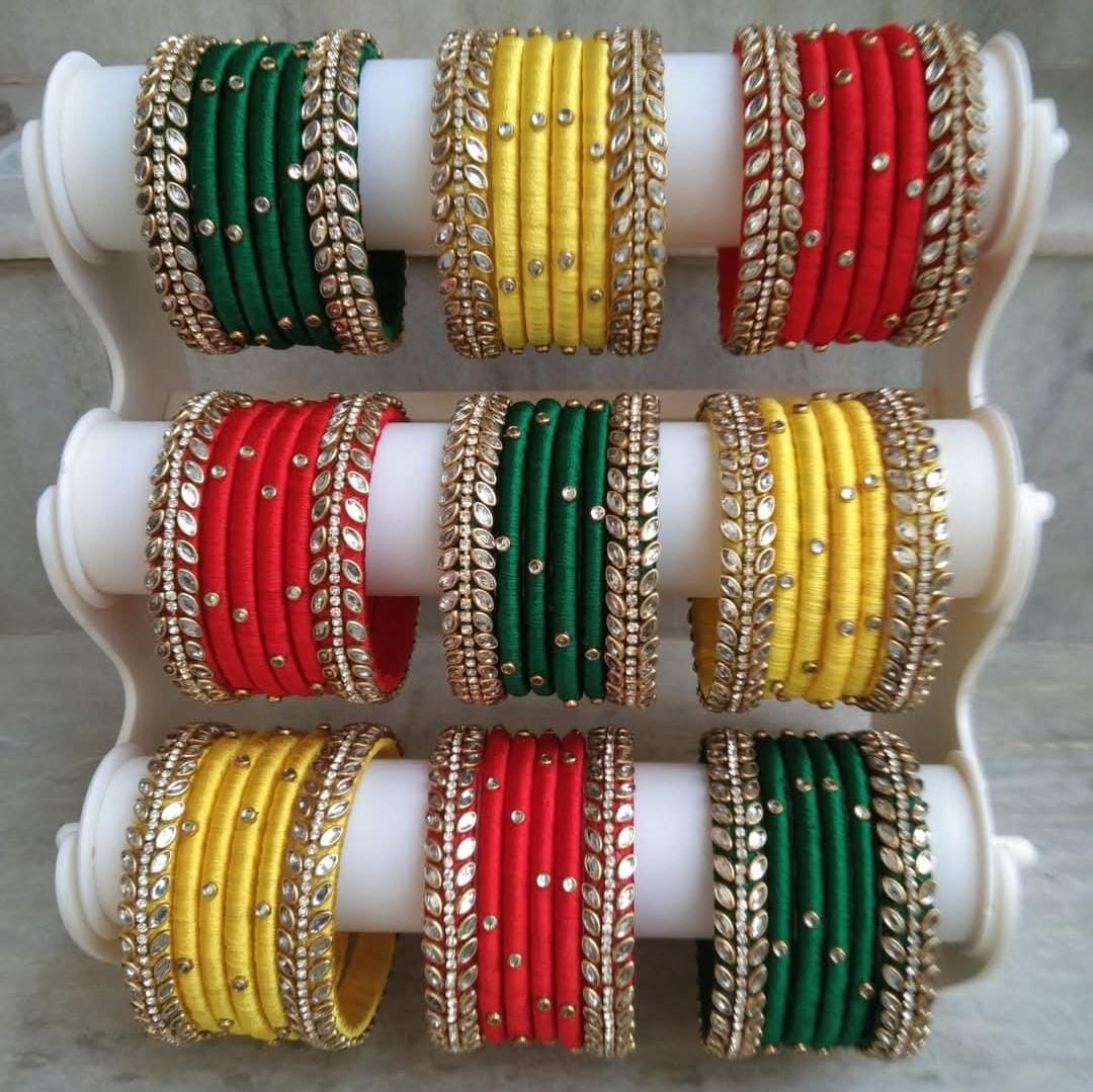 Customizable Silk Thread Bangles – Kundan & Stone Work Set of 6