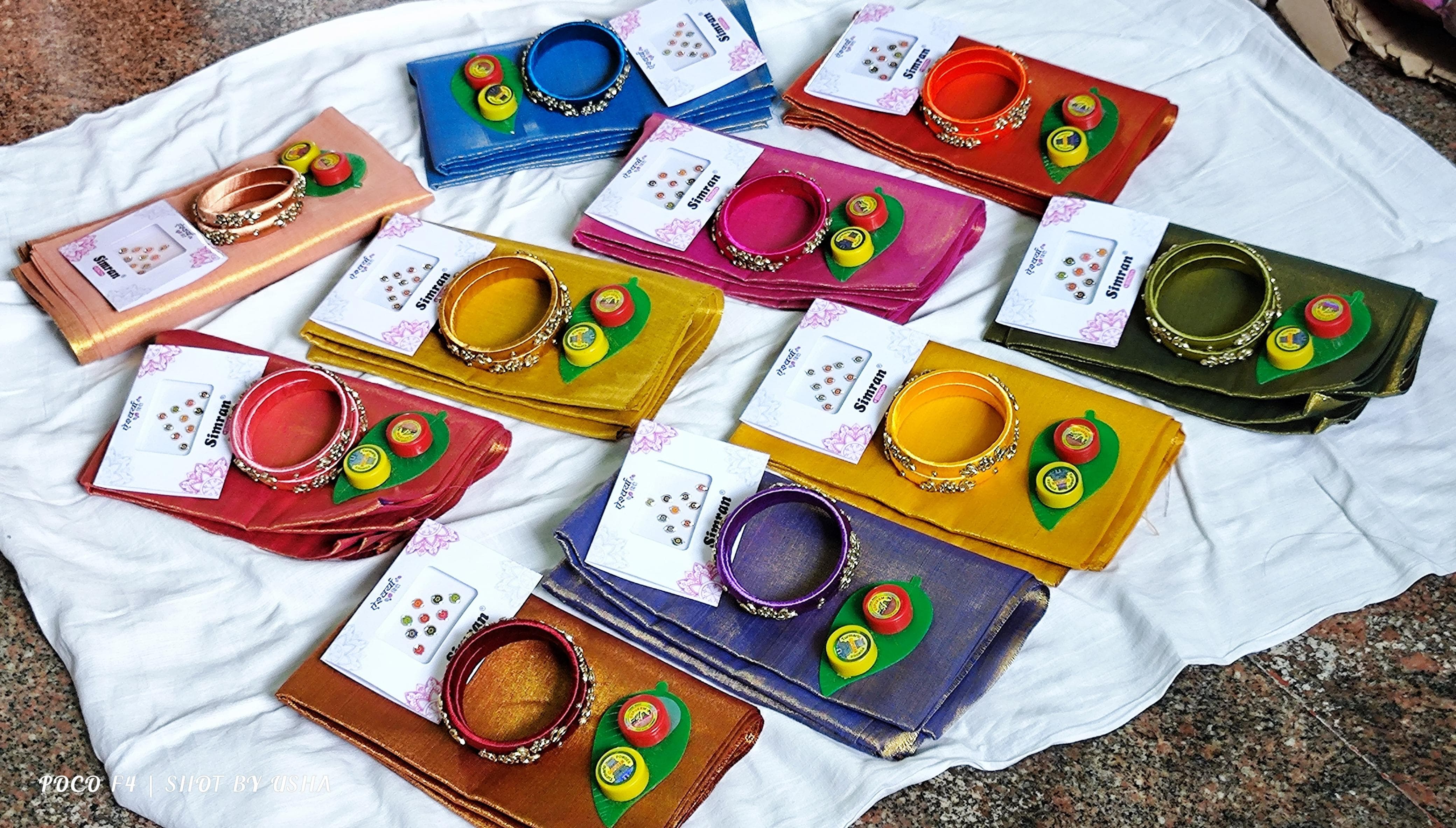 Festive Essentials Combo – Tissue Silk Blouse Piece, Bindi, Bangles & Haldi Kumkum