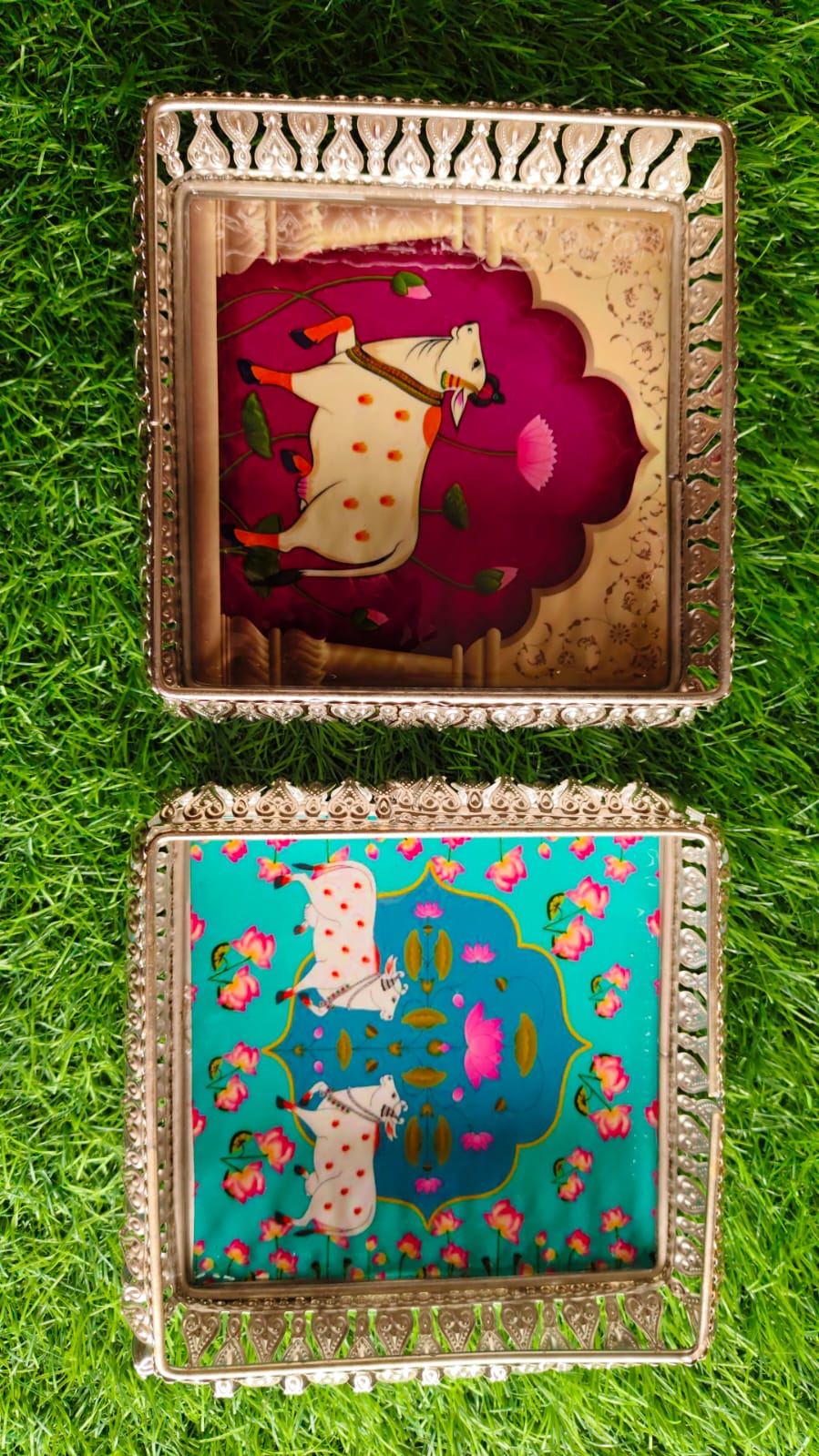 White Metal Pichwai Trays – 6" × 6" Decorative Keepsakes