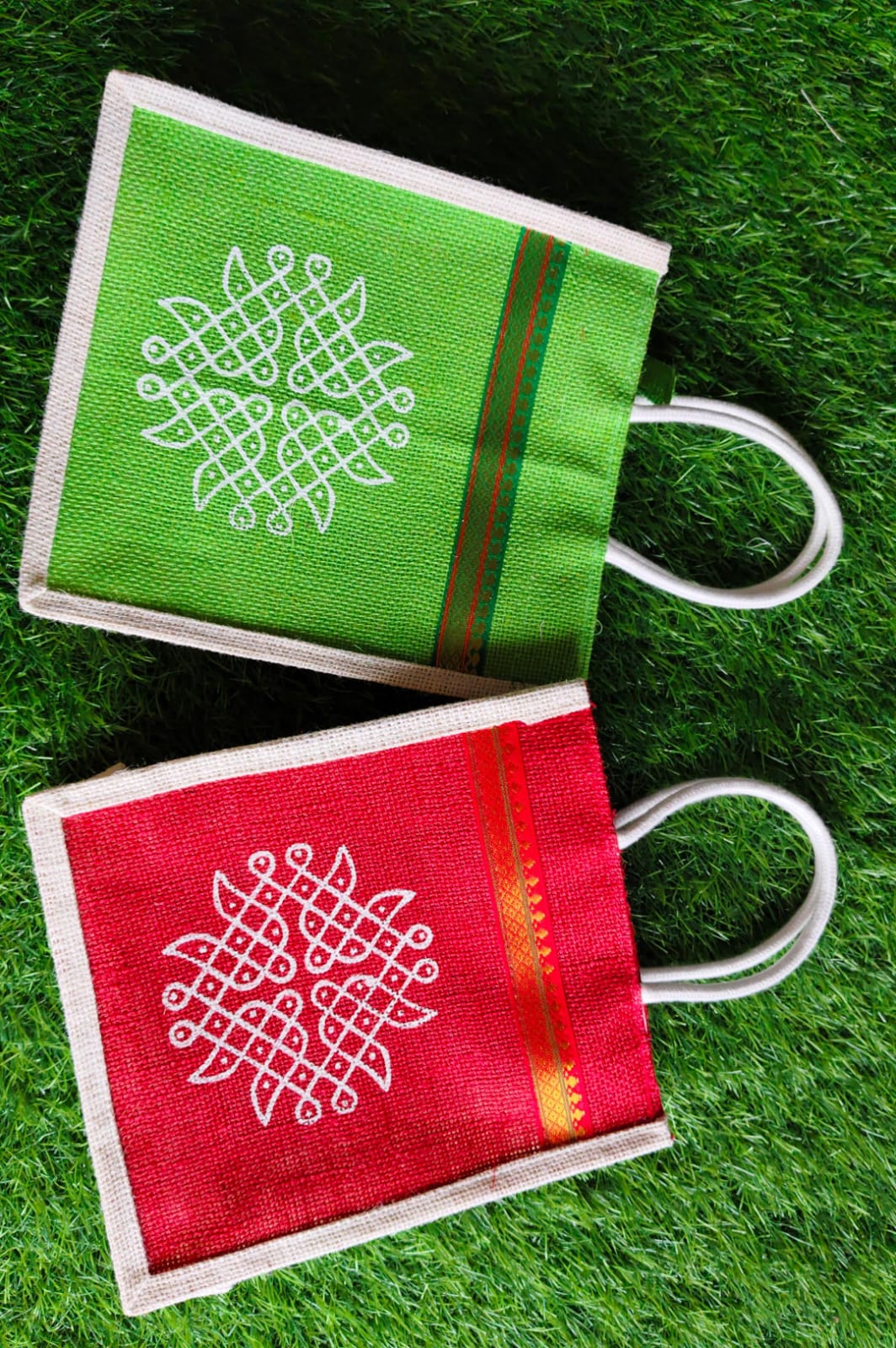 Kolam/Muggu Print Jute Bags with Zari Work – 10 × 9 × 4"
